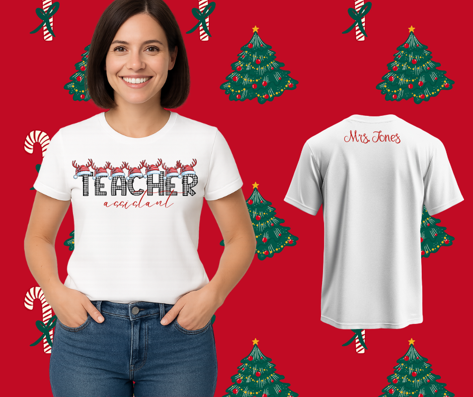 Teacher Assistant tee with plaid letters
